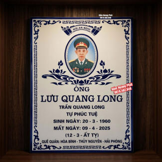 Bia mộ cụ ông có ảnh, nền trắng, chữ xanh