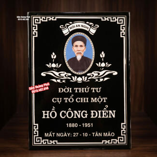 Bia mộ sứ Bát Tràng cho cụ ông có ảnh nền đen, chữ trắng