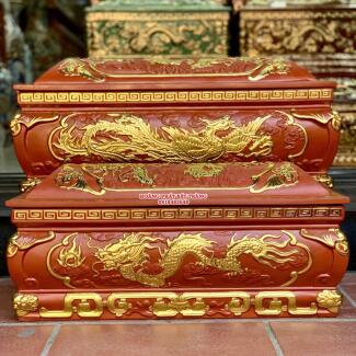Quách tiểu sành Song Linh dát vàng nền đỏ mái Vòm cỡ Đại QTSA87