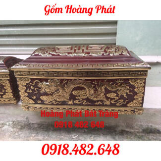 Tiểu quách sứ vàng kim cao cấp men nâu cổ mái vòm chữ Thọ QTVK7