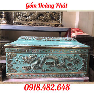 Tiểu quách sứ vàng kim cao cấp men xanh ngọc mái vòm chữ Thọ cỡ Đại QTVK11
