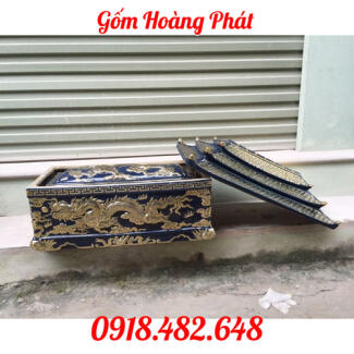 Tiểu quách sứ Bát Tràng mạ vàng kim men lam xám ba mái cao cấp cỡ Đại QTVK9