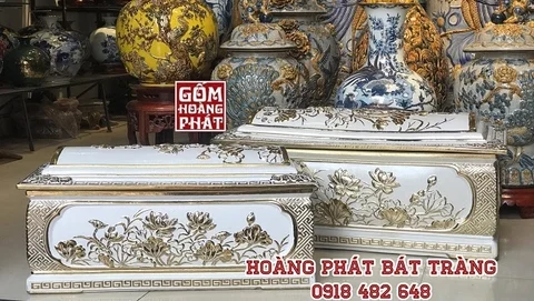 Quách tiểu sứ hoa sen trắng mạ vàng cao cấp Bát Tràng