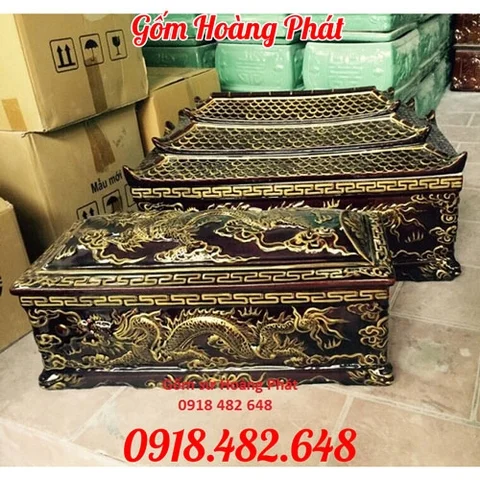 Cách xếp xương khi cải táng, hỏa táng cho vào tiểu quách Bát Tràng - Bộ tiểu quách mái chùa men nâu cổ vẽ vàng kim 24K